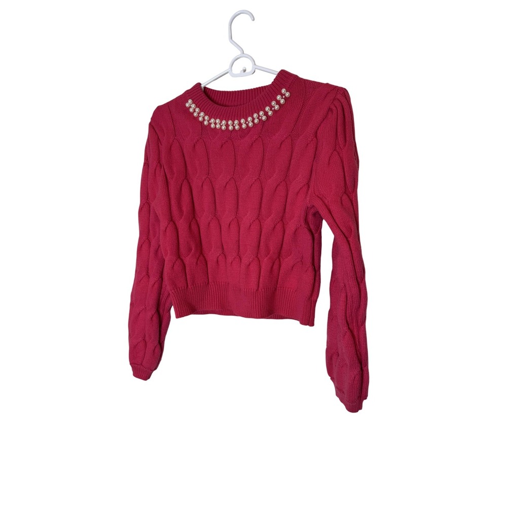 Lola Sweater Womens Small Pink Cable Knit Pearl Beaded Crewneck Cropped Pullover